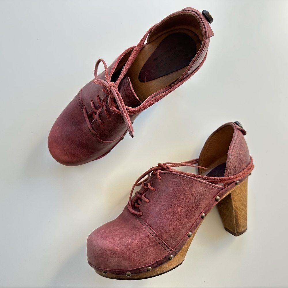 Sanita Theadora Lace Up Suede Wooden Chunky Platform Heel Clogs Shoes Size 37